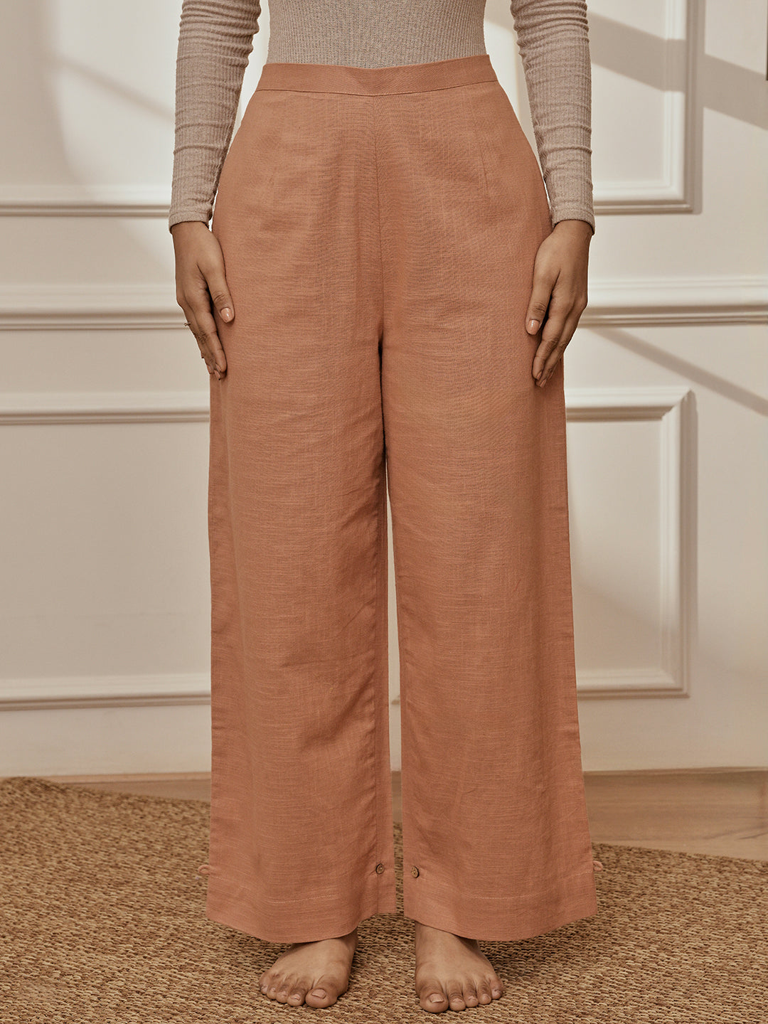 Women's Rose Pink Cotton Linen Straight Yoga Pants