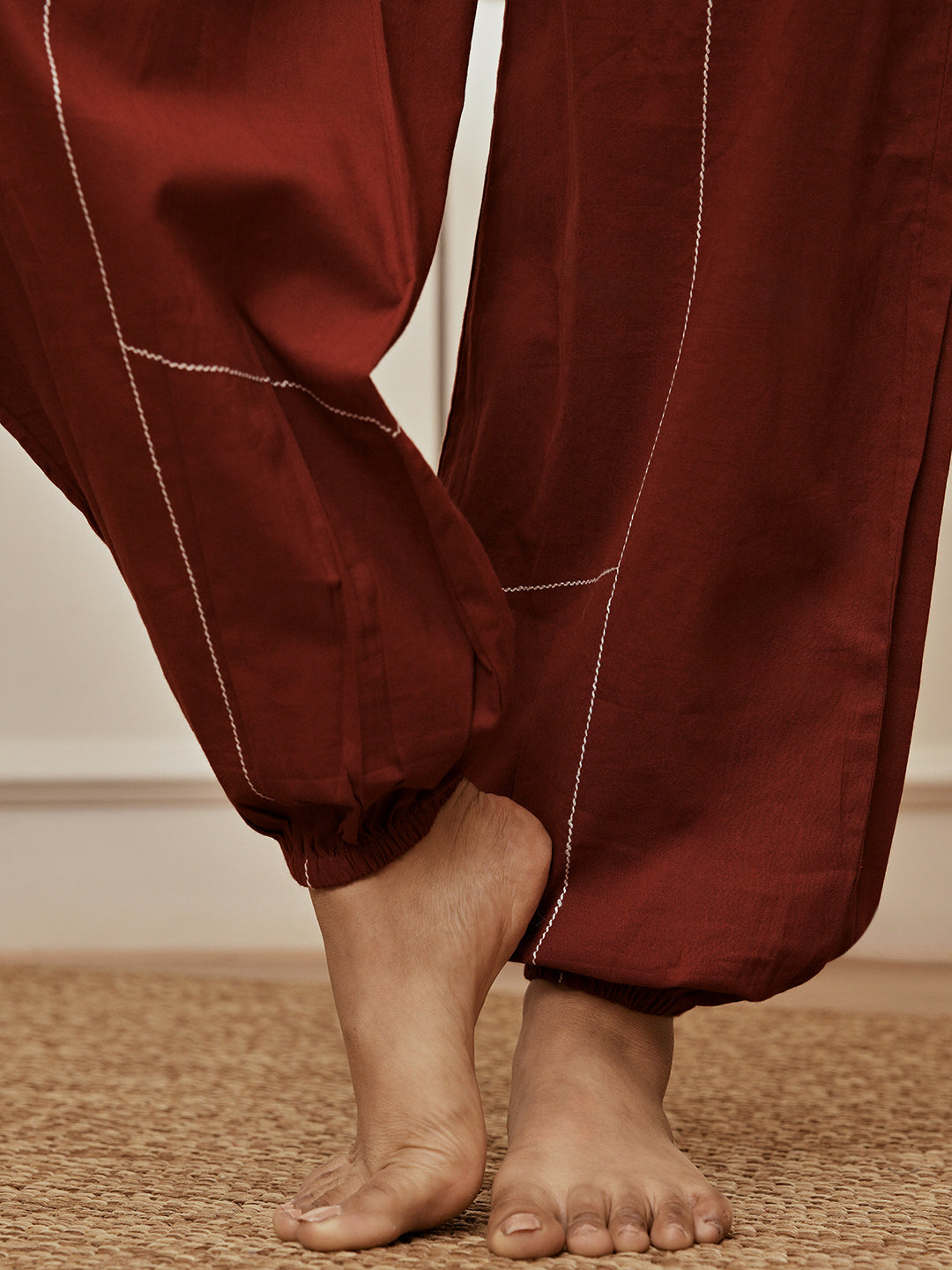 Women's Maroon Cambric Embroidered Joggers Yoga Pants