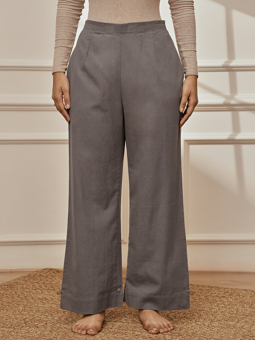 Women's Grey Cotton Linen Straight Yoga Pants
