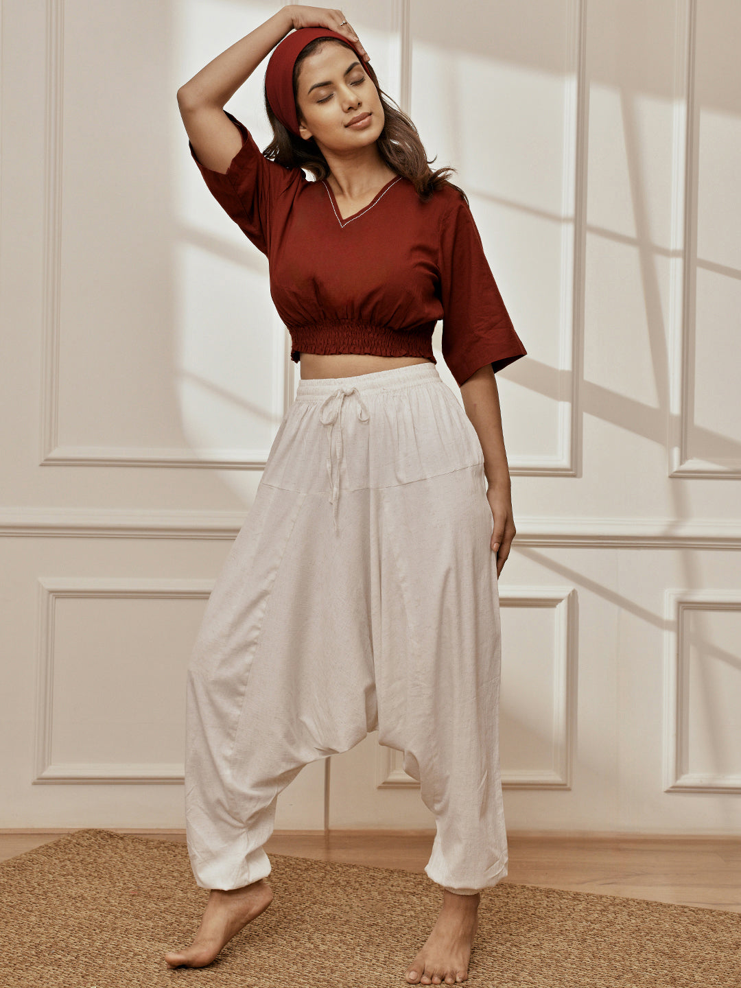 Women's Maroon Cambric Cotton Crop Top With White Cotton Lycra Harem Pants Yoga Set