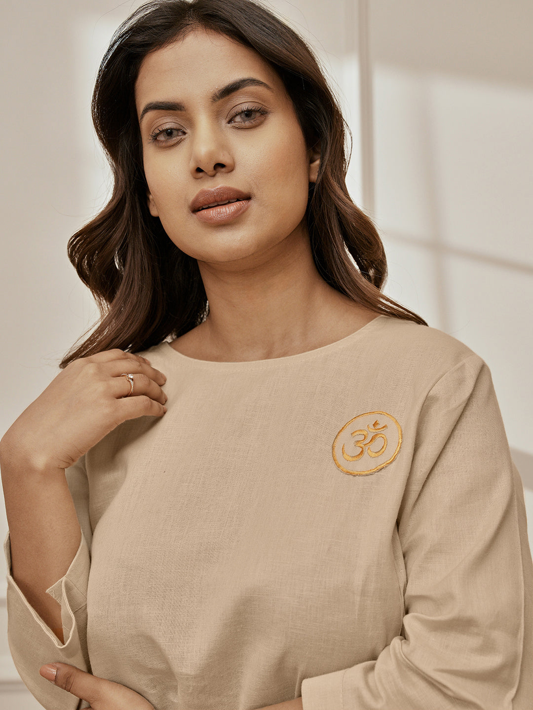 Women Beige Linen Cotton Round Neck Embroidered Yoga Top