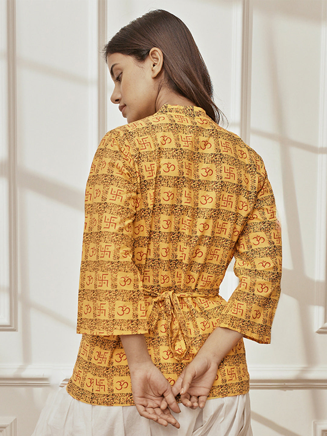 Women Yellow Printed Cotton Shawl Collar Wrap Yoga Top