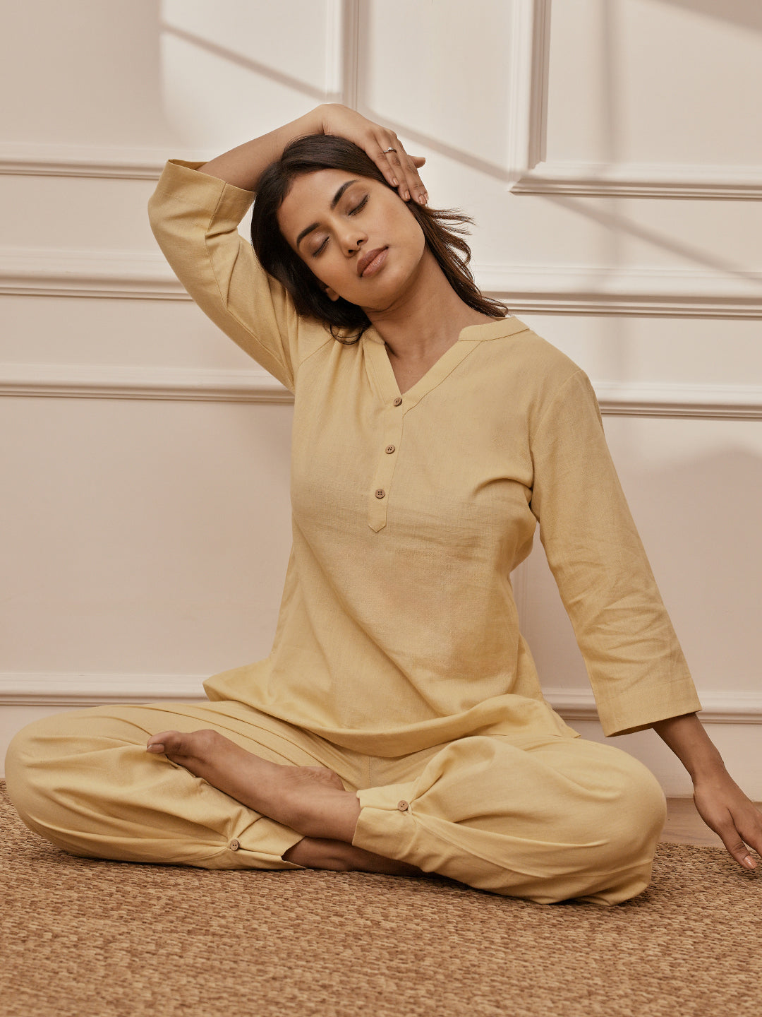 Women's Chiku Cotton Linen Band Collar Yoga Kurta