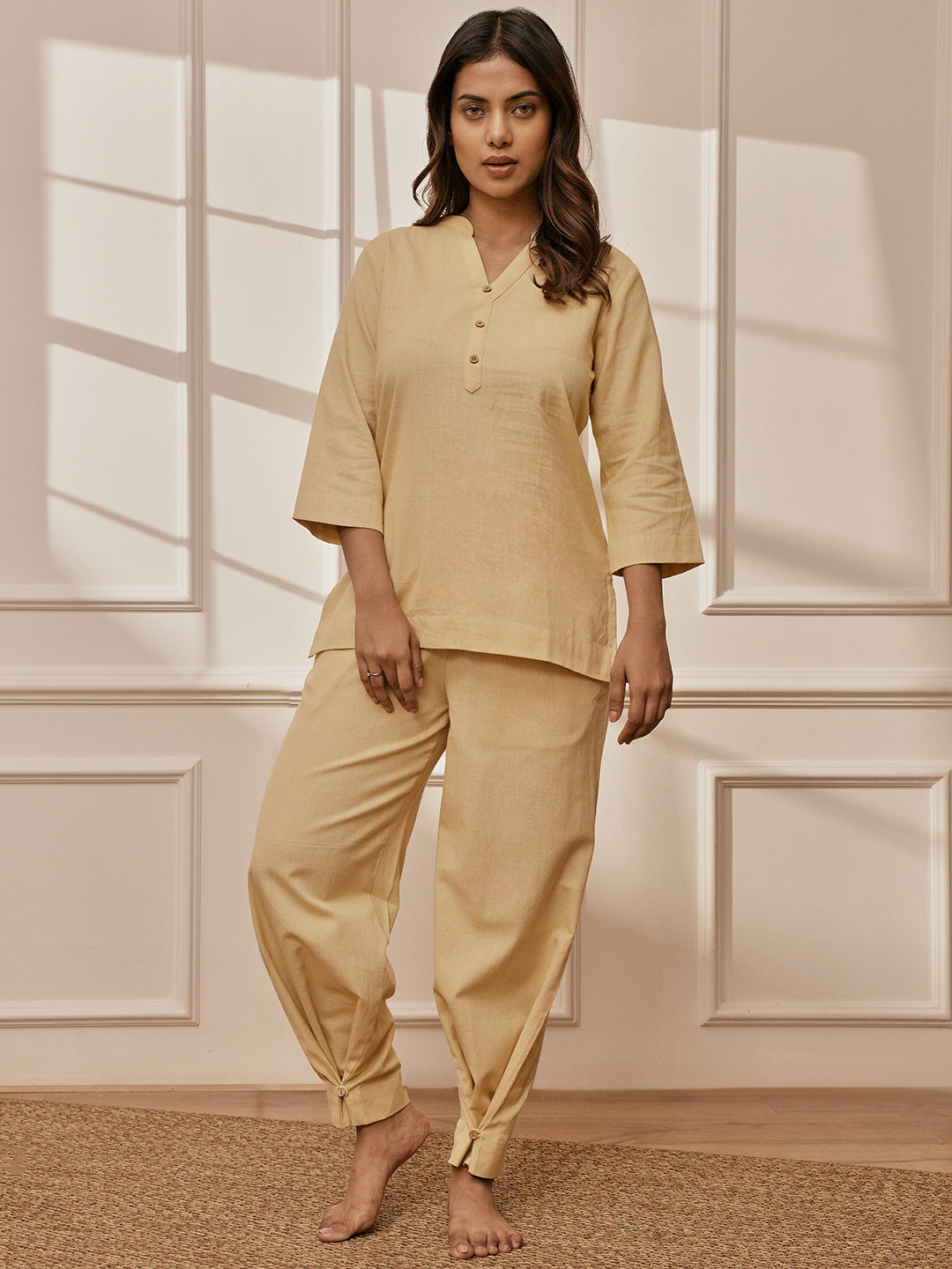 Women Chiku Cotton Linen Three-Quarter Sleeves Yoga Kurta with Straight Pants
