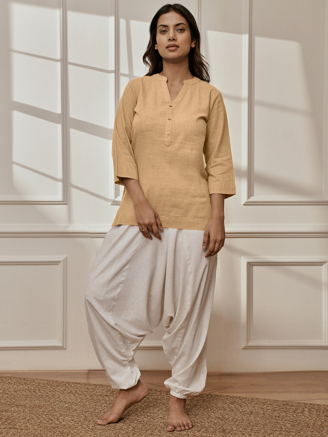 Women's Chiku Cotton Linen Kurta With White Cotton Lycra Harem Pants Yoga Set