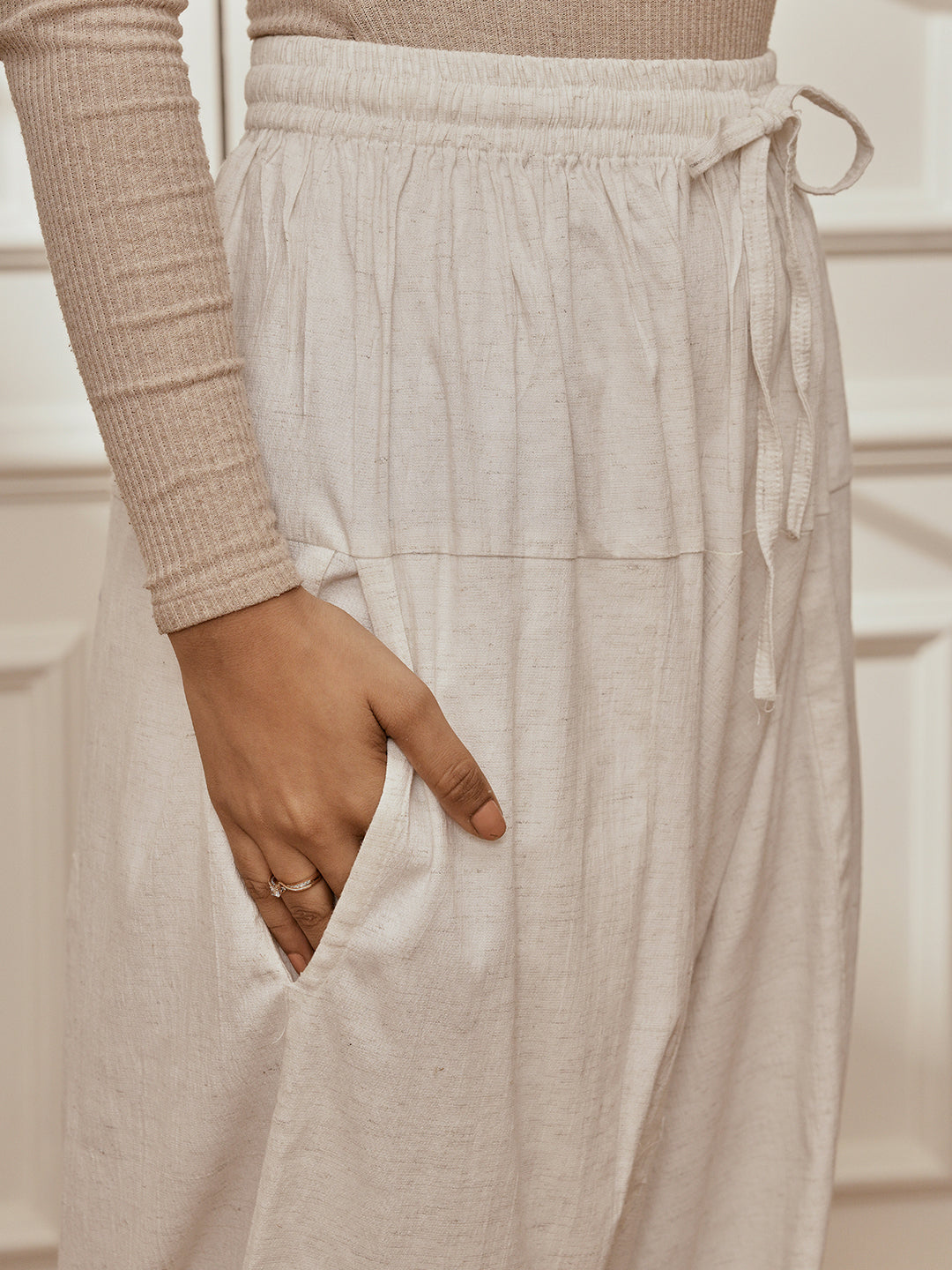 Women's Chiku Cotton Linen Kurta With White Cotton Lycra Harem Pants Yoga Set