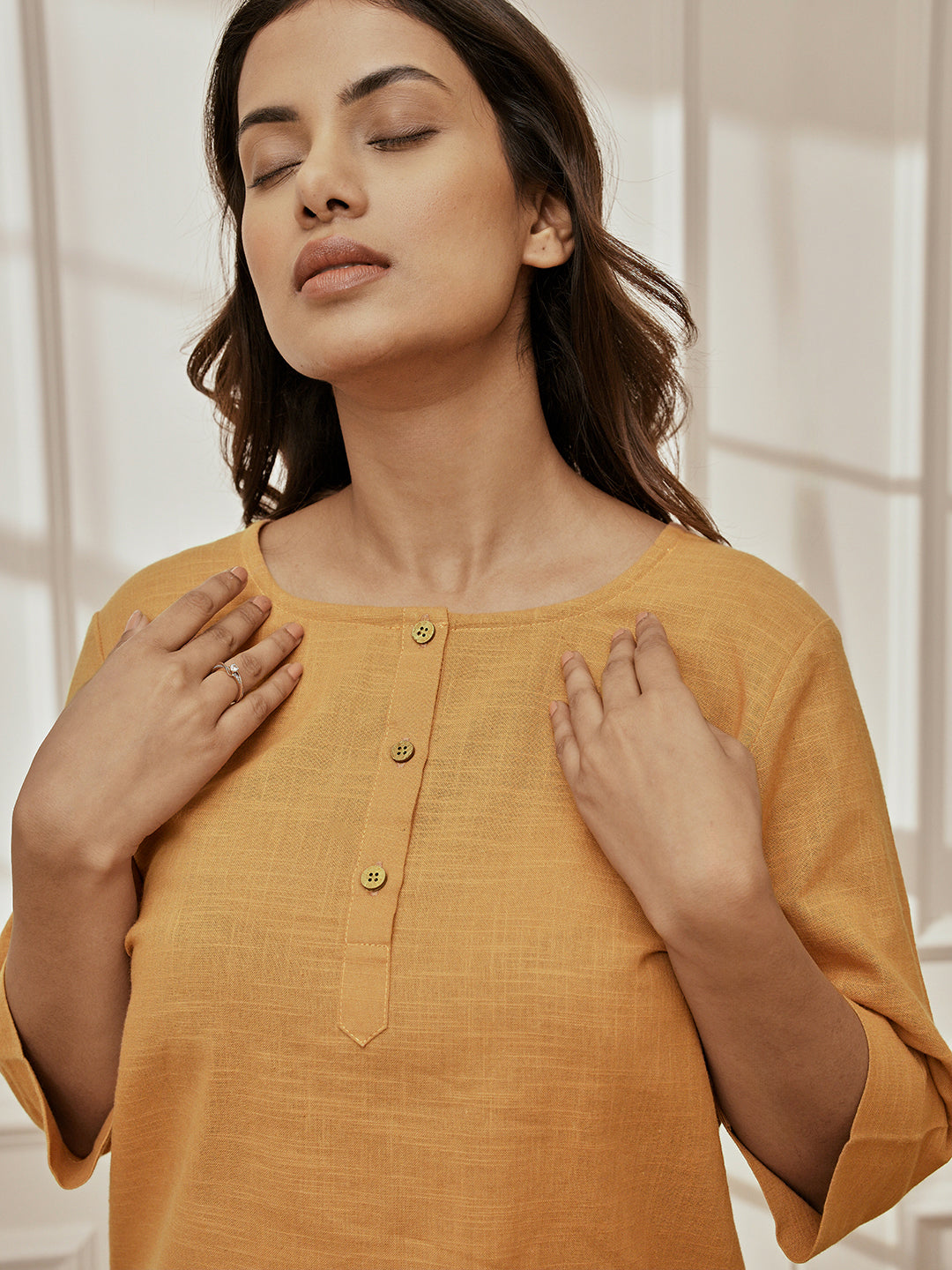 Women's Dusty Saffron Linen Cotton Kurta With White Cambric Dhoti Pants Yoga Set