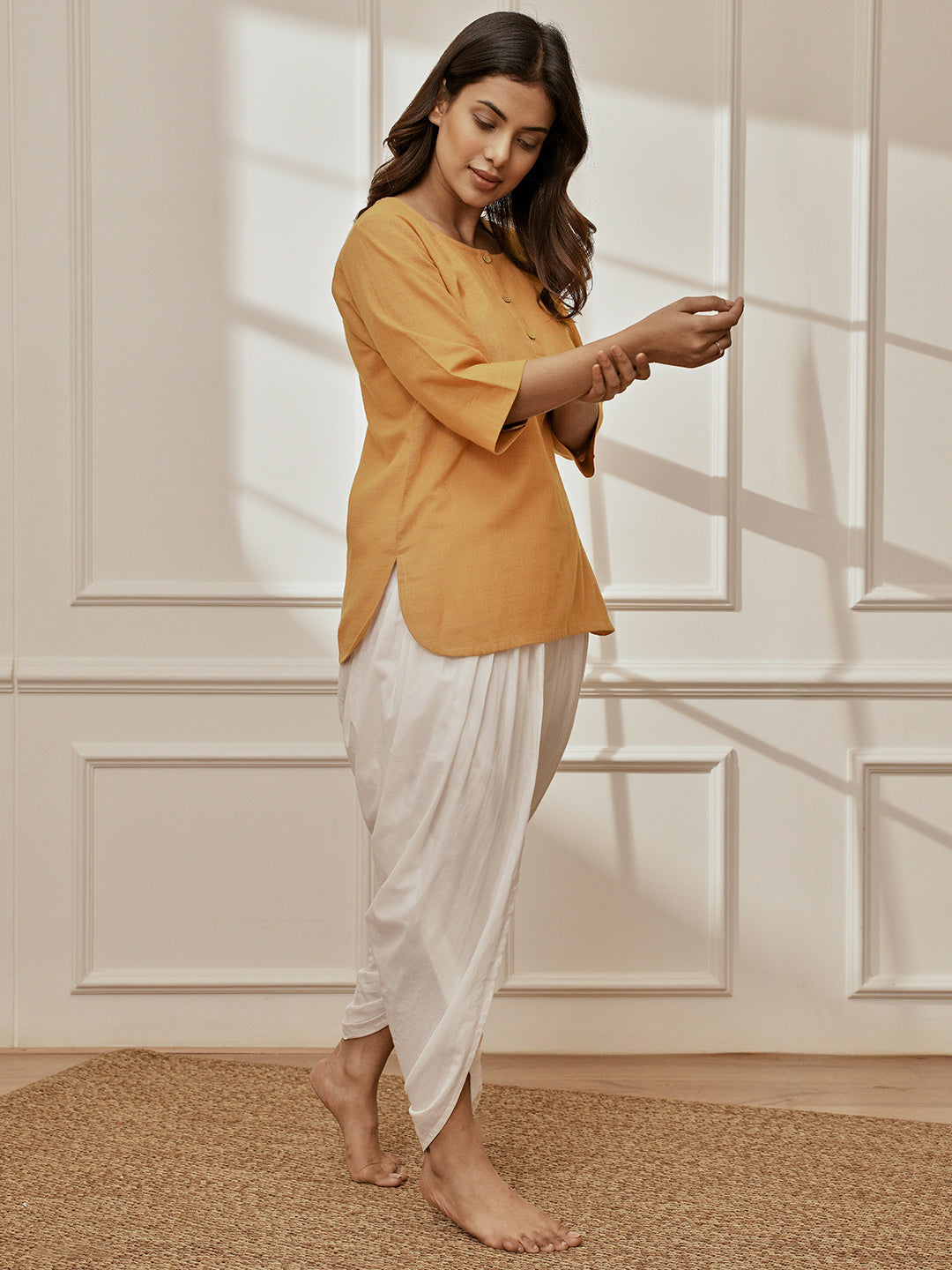 Women's Dusty Saffron Linen Cotton Kurta With White Cambric Dhoti Pants Yoga Set
