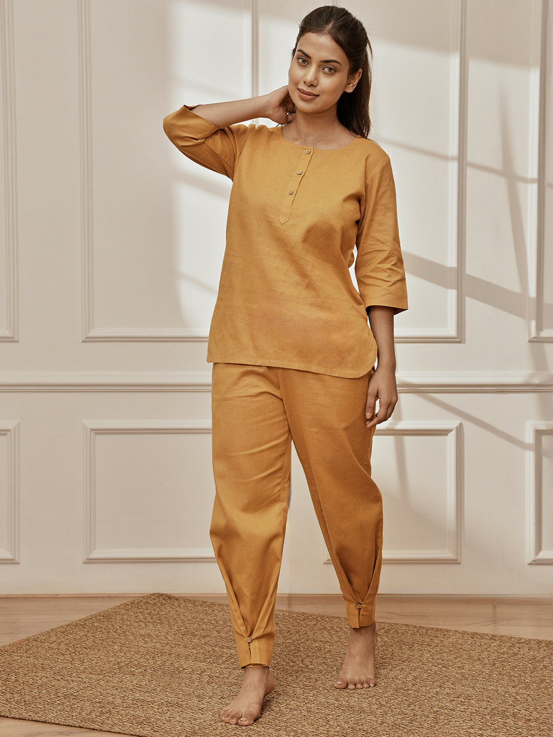 Women's Dusty Saffron Linen Cotton Three-Quarter Sleeves Kurta With Matching Straight Pants