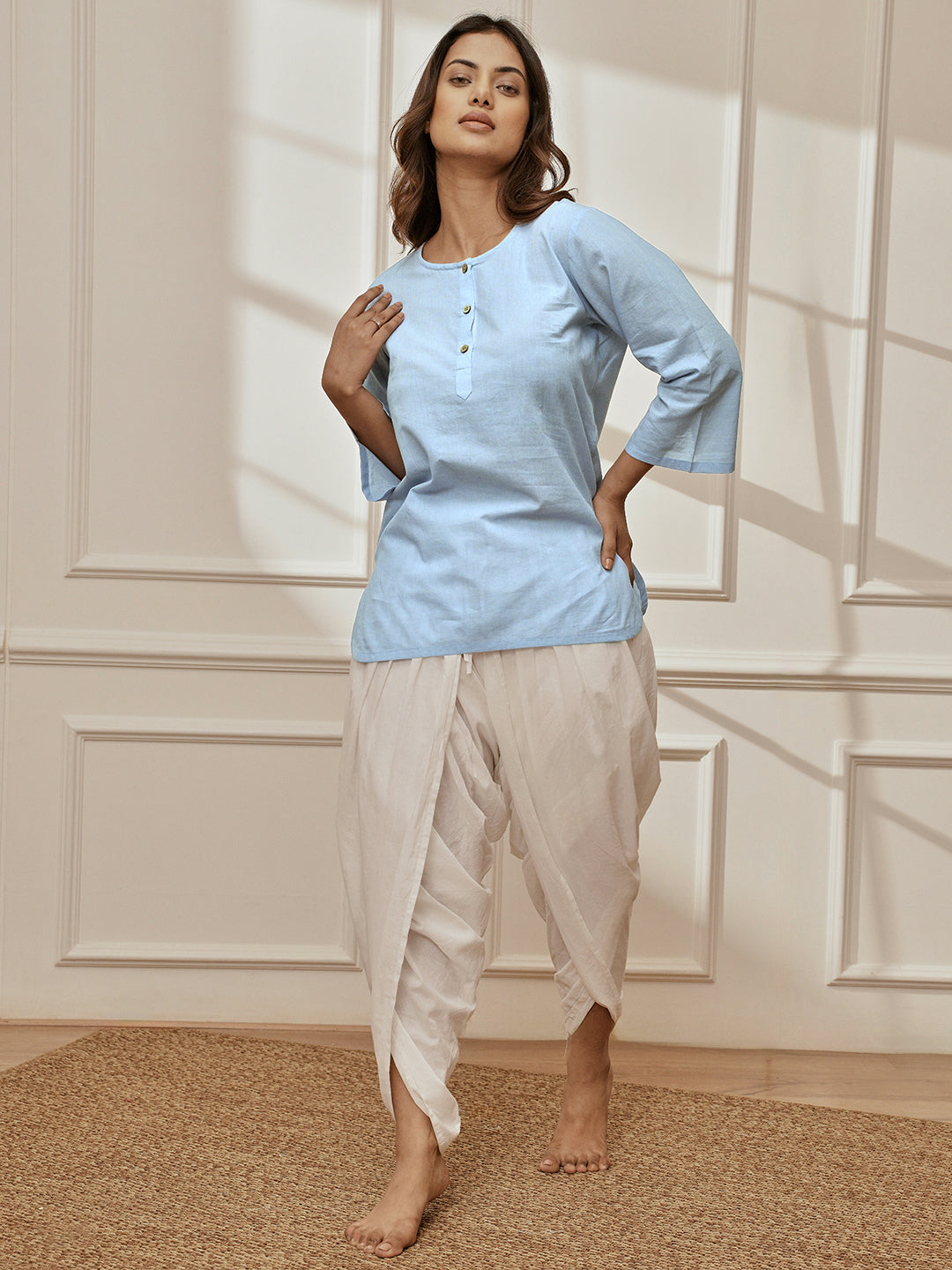 Women's Aqua Cambric Cotton Kurta With White Cambric Dhoti Pants Yoga Set