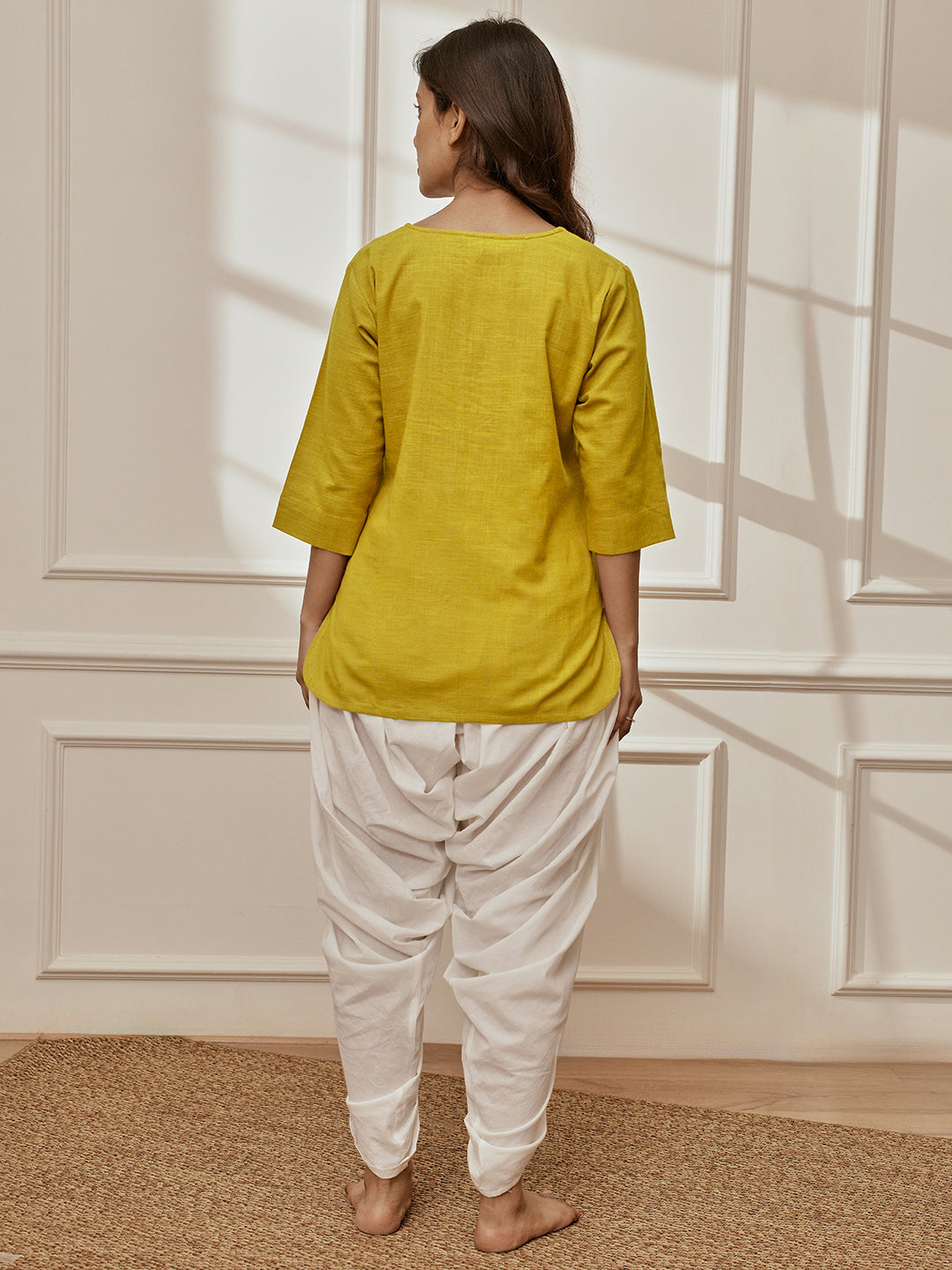 Women's Olive Green Cambric Cotton Kurta With White Cambric Dhoti Pants Yoga Set