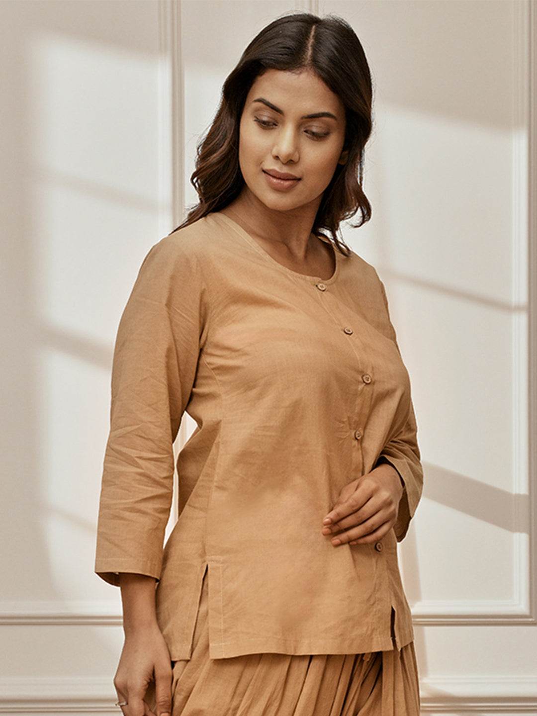 Women's Beige Cambric Cotton Round Neck Yoga Kurta