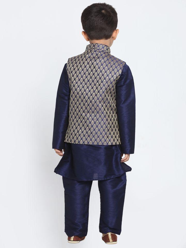 Vastramay Boys' Blue Woven Design Nehru Jacket & Navy Blue Kurta Pyjamas Set