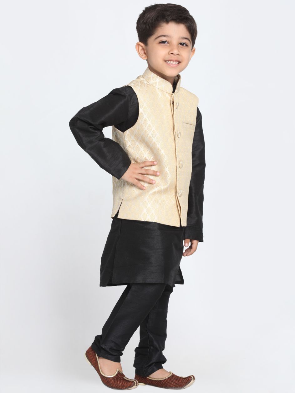 Vastramay Boys' Cream Cotton Silk Blend Waistcoat, Black Kurta and Pyjama Set