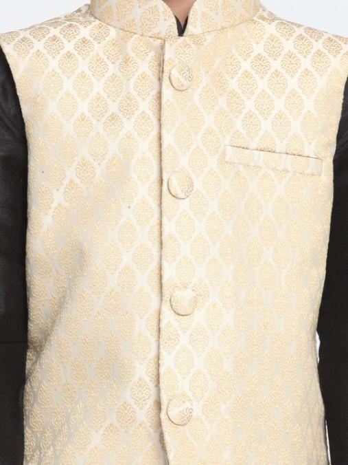 Vastramay Boys' Cream Cotton Silk Blend Waistcoat, Black Kurta and Pyjama Set