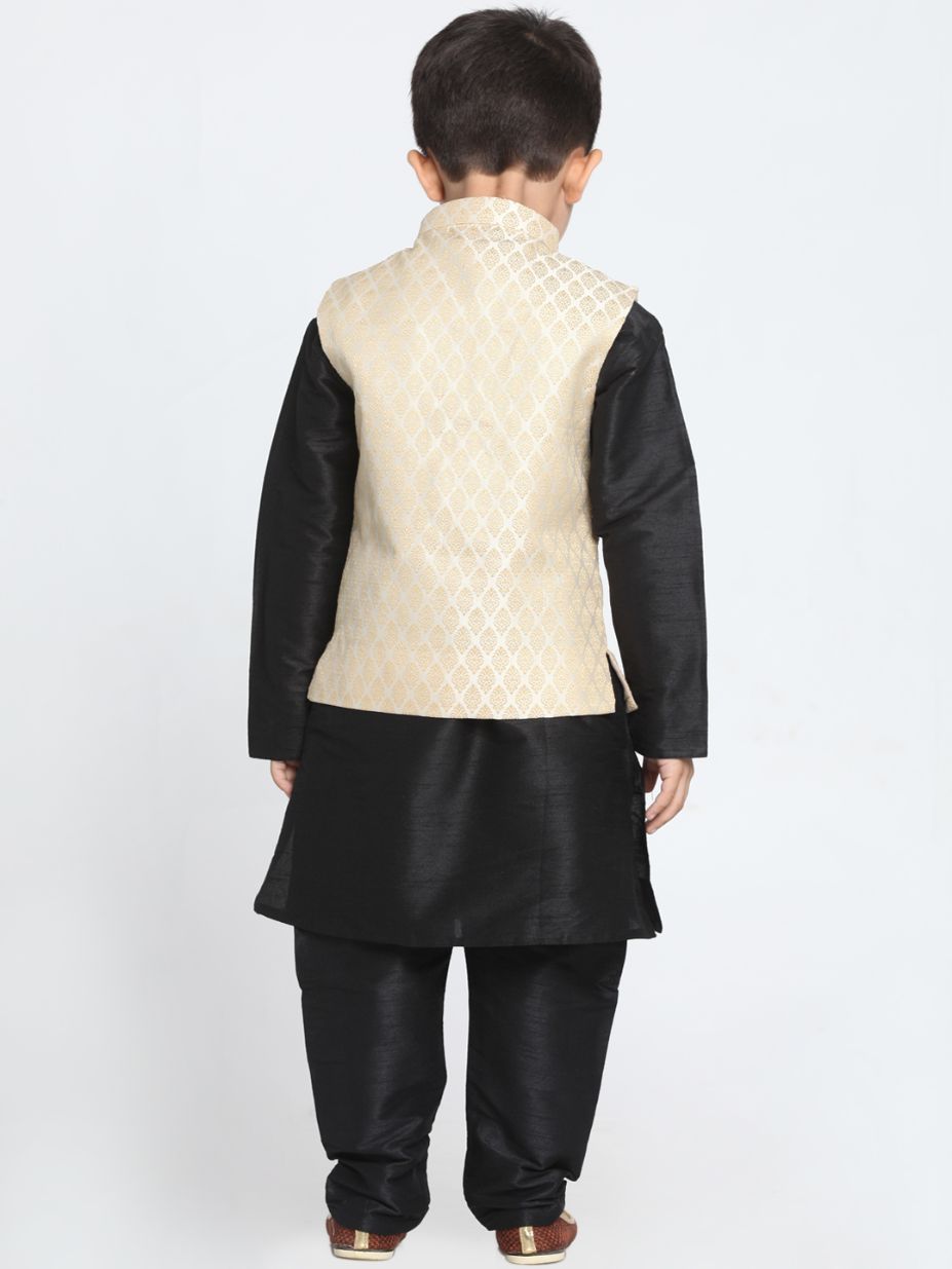 Vastramay Boys' Cream Cotton Silk Blend Waistcoat, Black Kurta and Pyjama Set