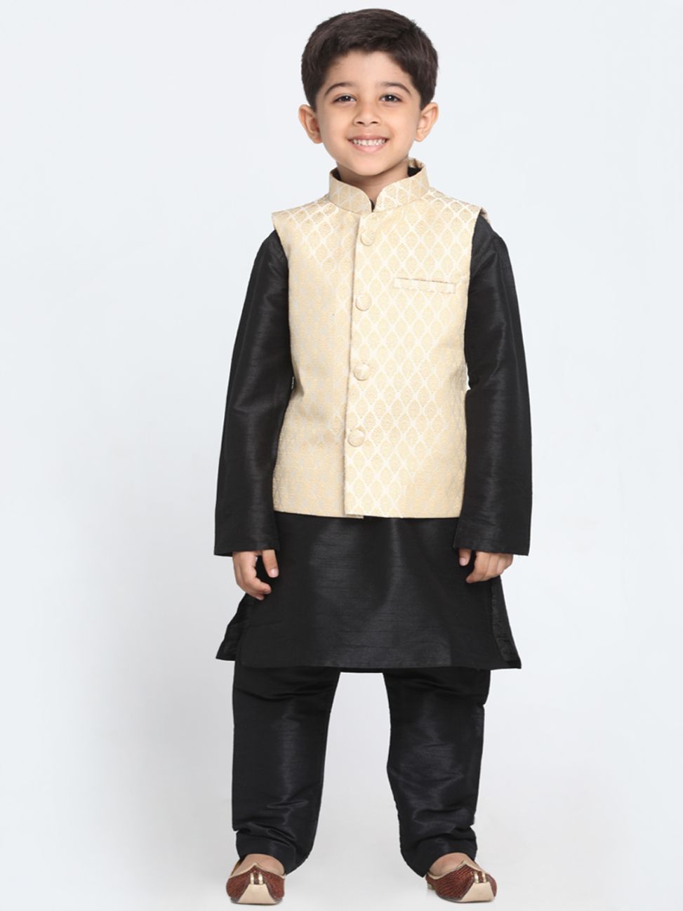 Vastramay Boys' Cream Cotton Silk Blend Waistcoat, Black Kurta and Pyjama Set