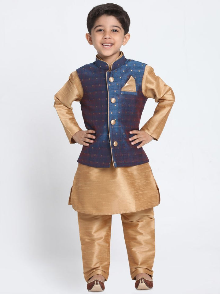 Vastramay Boys' Deep Blue Cotton Silk Blend Waistcoat, Golden Kurta and Pyjama Set