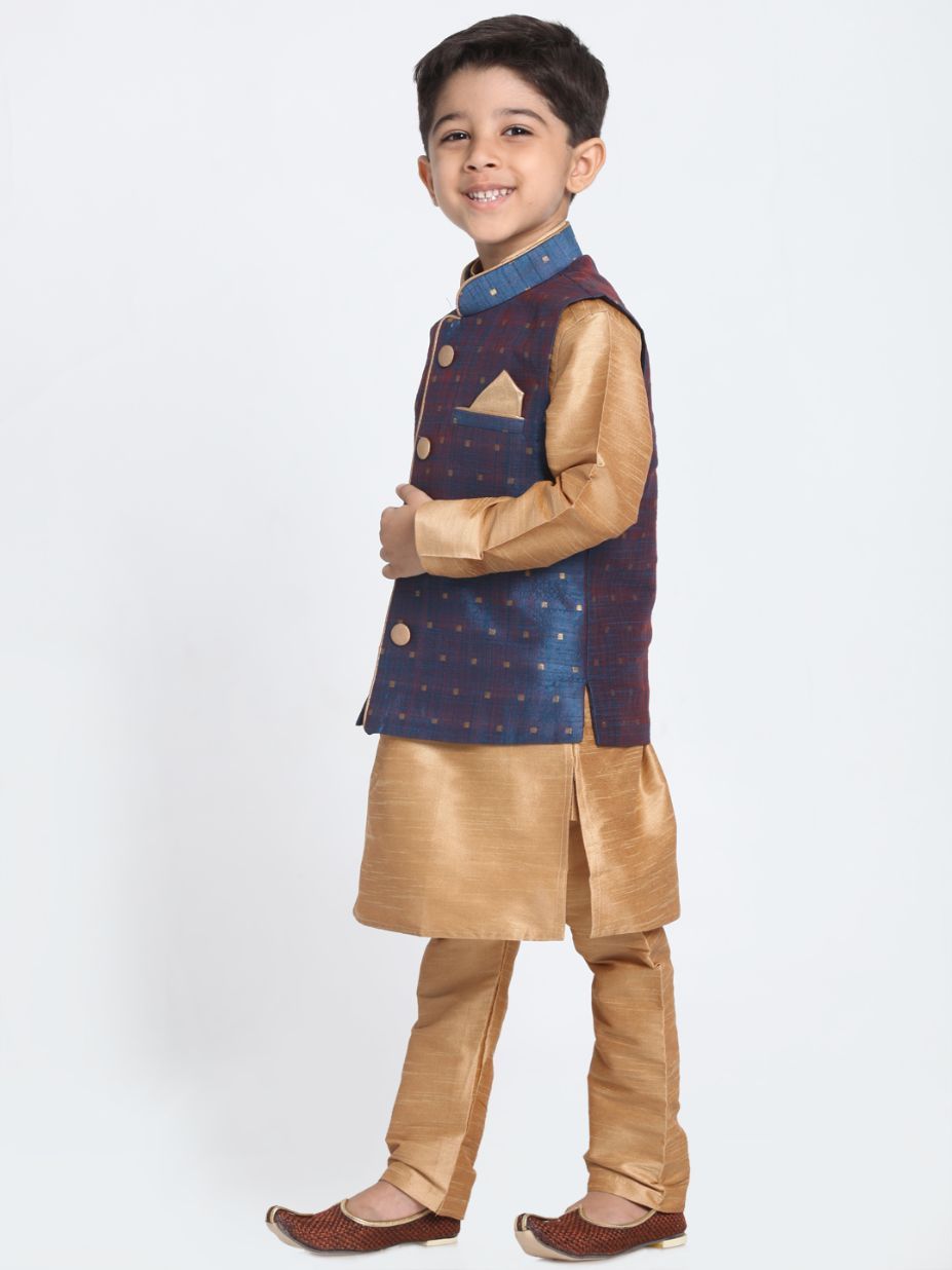 Vastramay Boys' Deep Blue Cotton Silk Blend Waistcoat, Golden Kurta and Pyjama Set