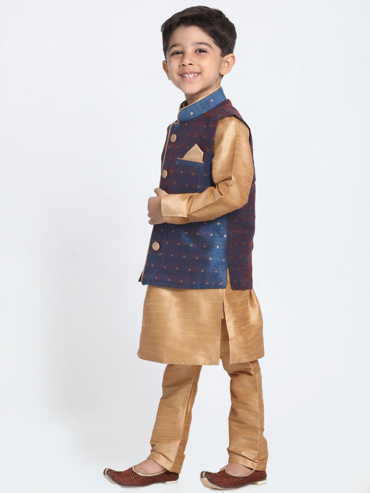 Vastramay Boys' Deep Blue Cotton Silk Blend Waistcoat, Golden Kurta and Pyjama Set