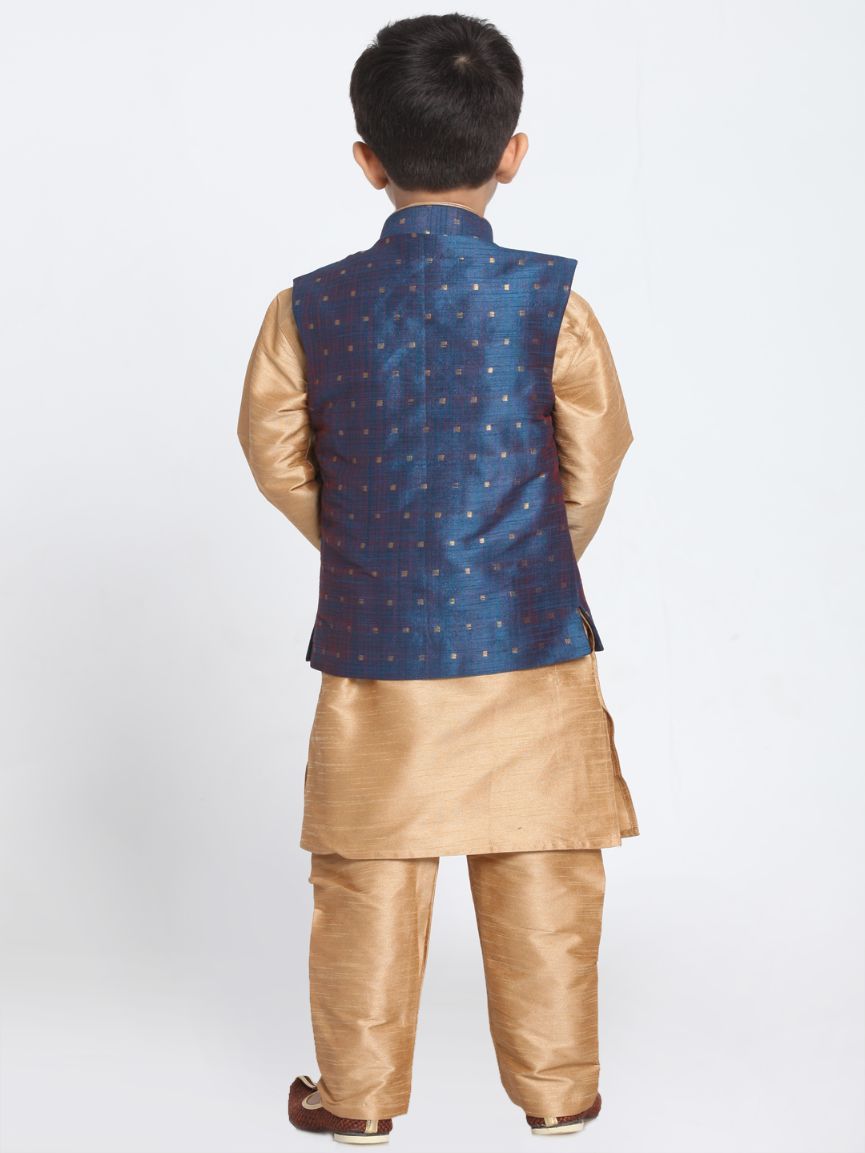 Vastramay Boys' Deep Blue Cotton Silk Blend Waistcoat, Golden Kurta and Pyjama Set