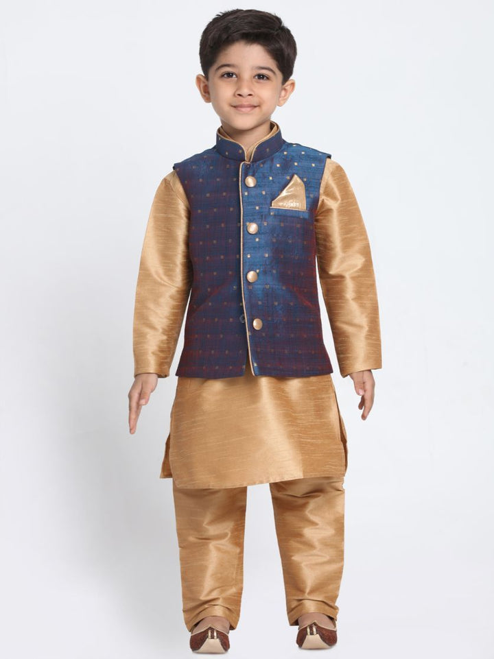 Vastramay Boys' Deep Blue Cotton Silk Blend Waistcoat, Golden Kurta and Pyjama Set