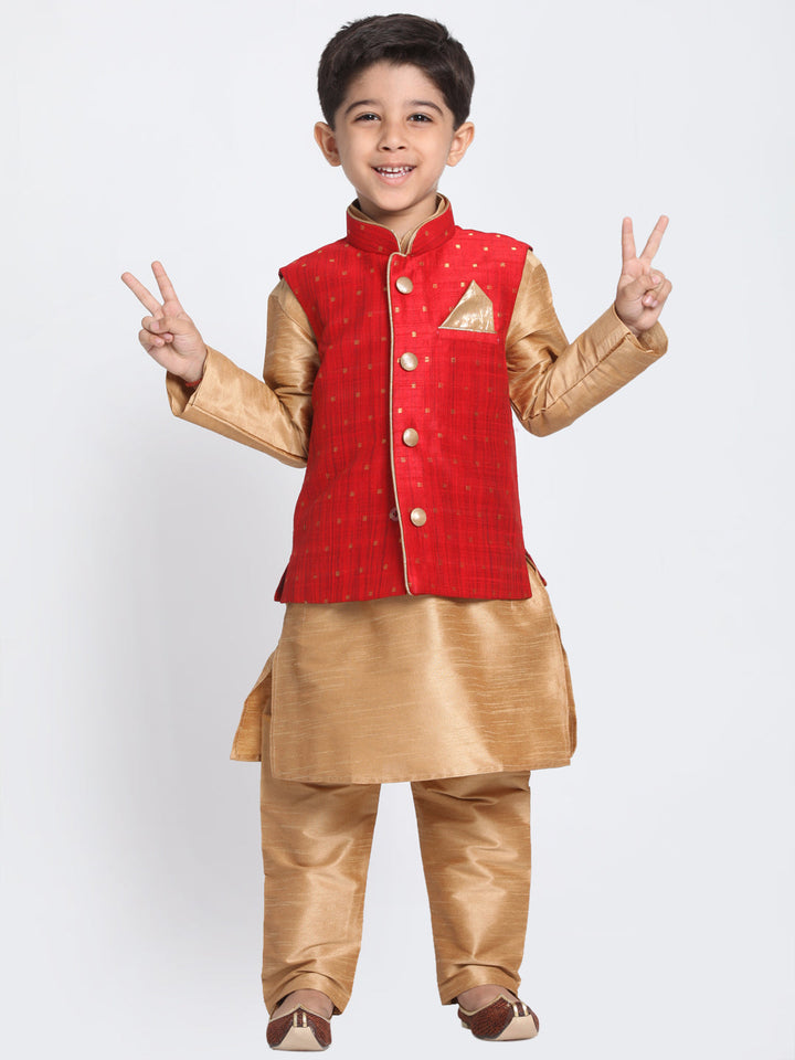 Vastramay Maroon and Rose Gold Silk Blend  Baap Beta Jacket Kurta Pyjama set