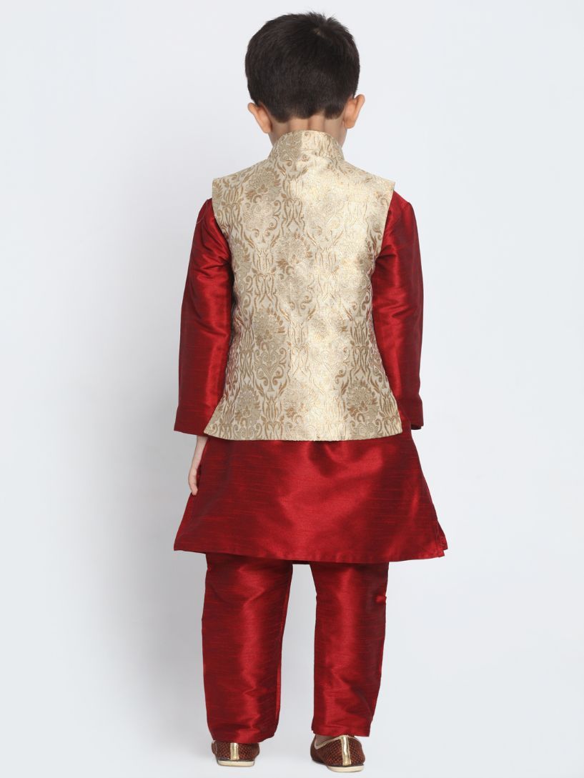 VASTRAMAY Boys' Gold Cotton Silk Blend Waistcoat, Maroon Kurta and Pyjama Set