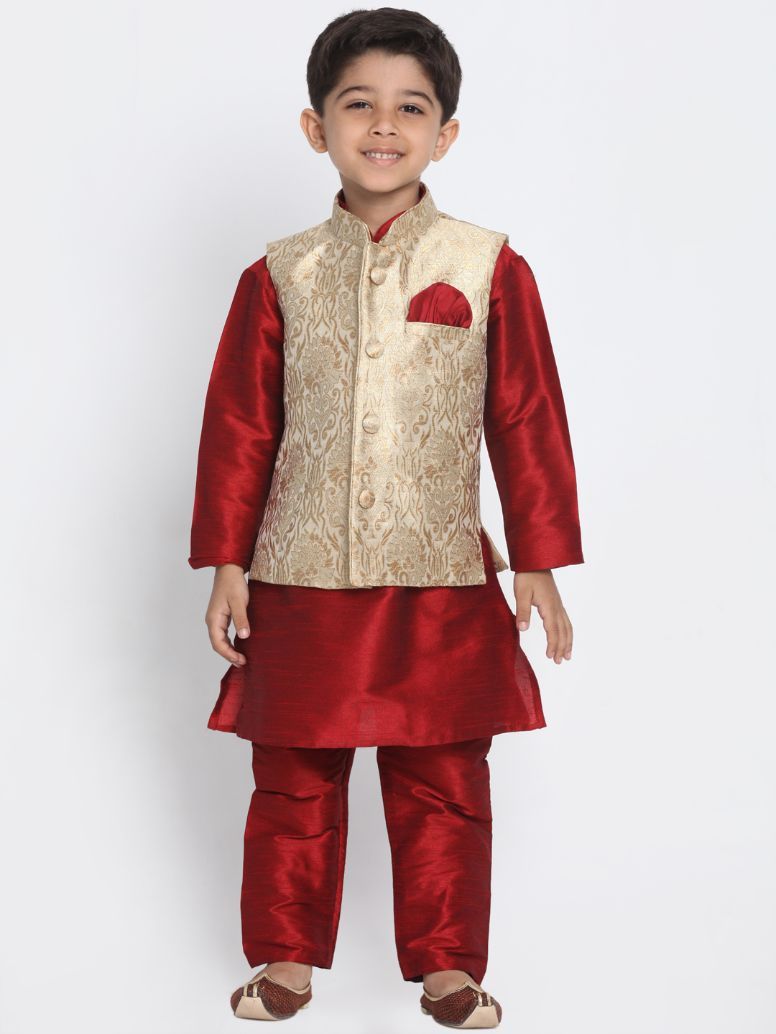 VASTRAMAY Boys' Gold Cotton Silk Blend Waistcoat, Maroon Kurta and Pyjama Set