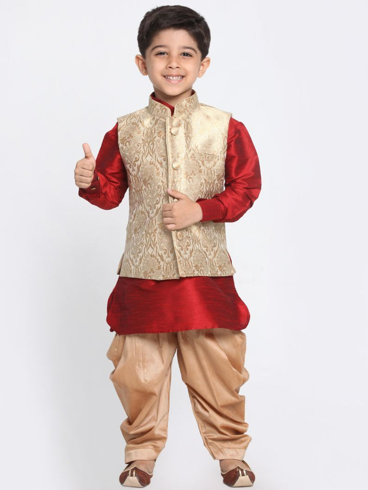 VASTRAMAY Boys' Gold Cotton Silk Blend Ethnic Jacket, Maroon Kurta and Dhoti Pant Set