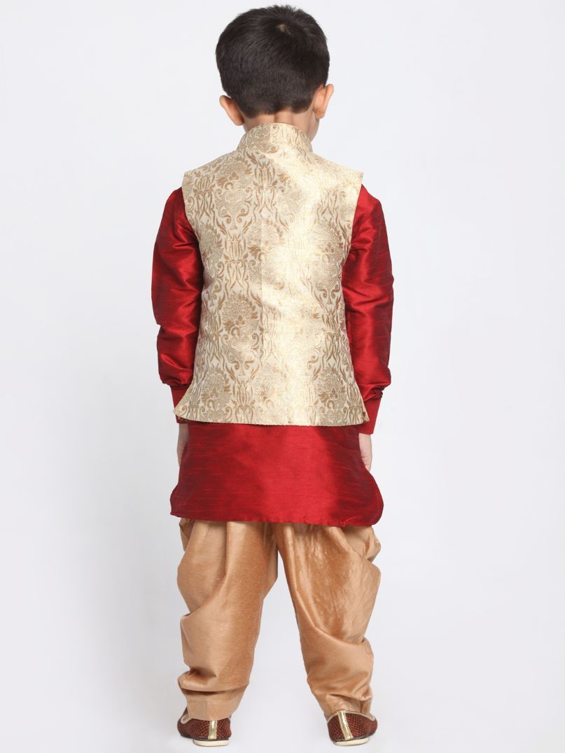 VASTRAMAY Boys' Gold Cotton Silk Blend Ethnic Jacket, Maroon Kurta and Dhoti Pant Set