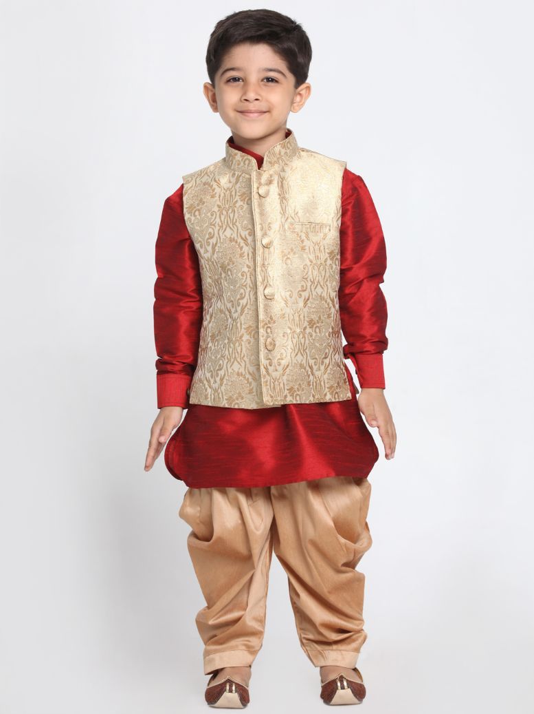 VASTRAMAY Boys' Gold Cotton Silk Blend Ethnic Jacket, Maroon Kurta and Dhoti Pant Set