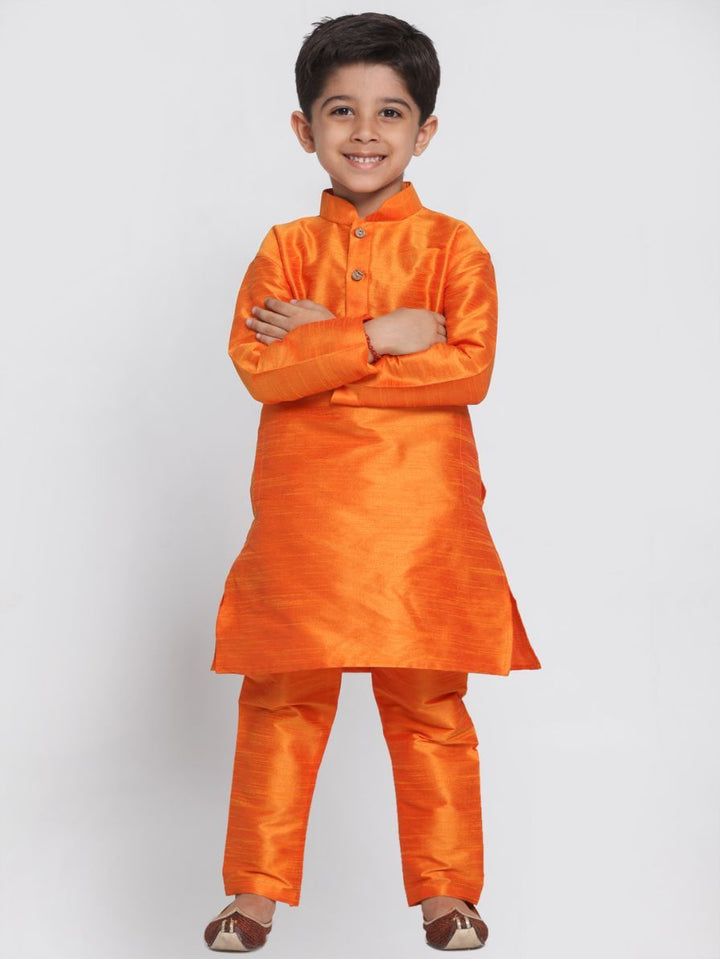 VASTRAMAY Boys' Orange Cotton Silk Blend Kurta and Pyjama Set