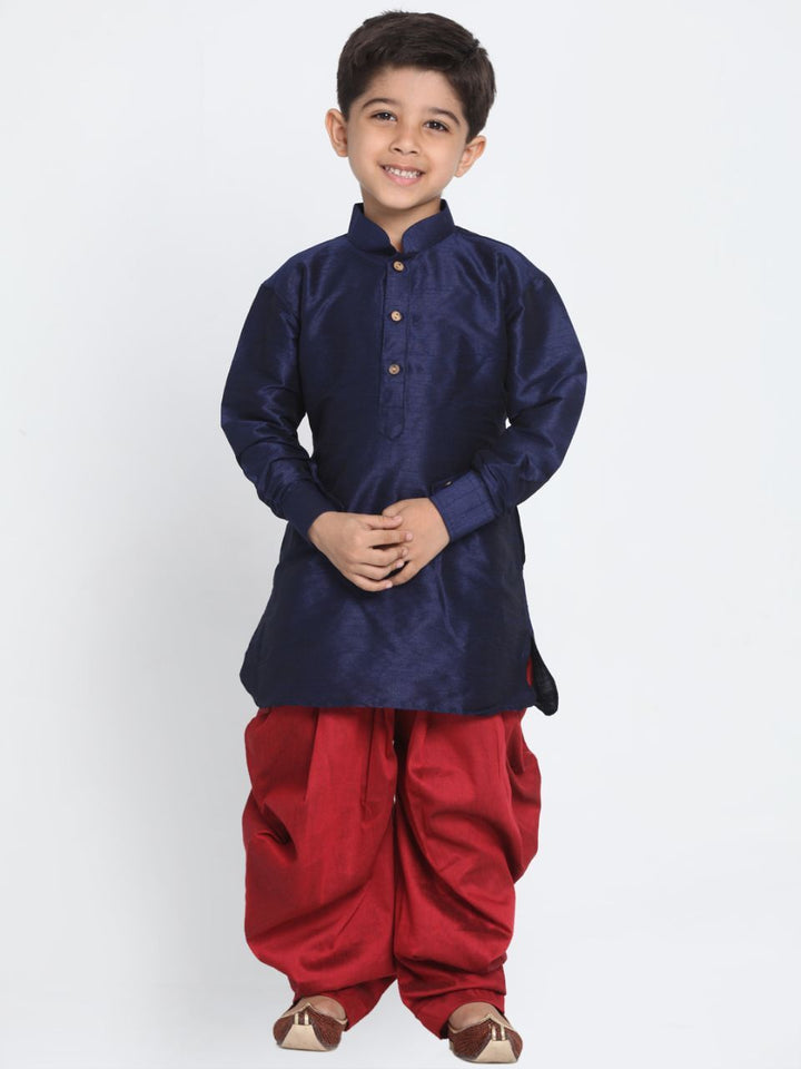 VASTRAMAY Boys' Blue Cotton Silk Blend Kurta and Dhoti Pant Set