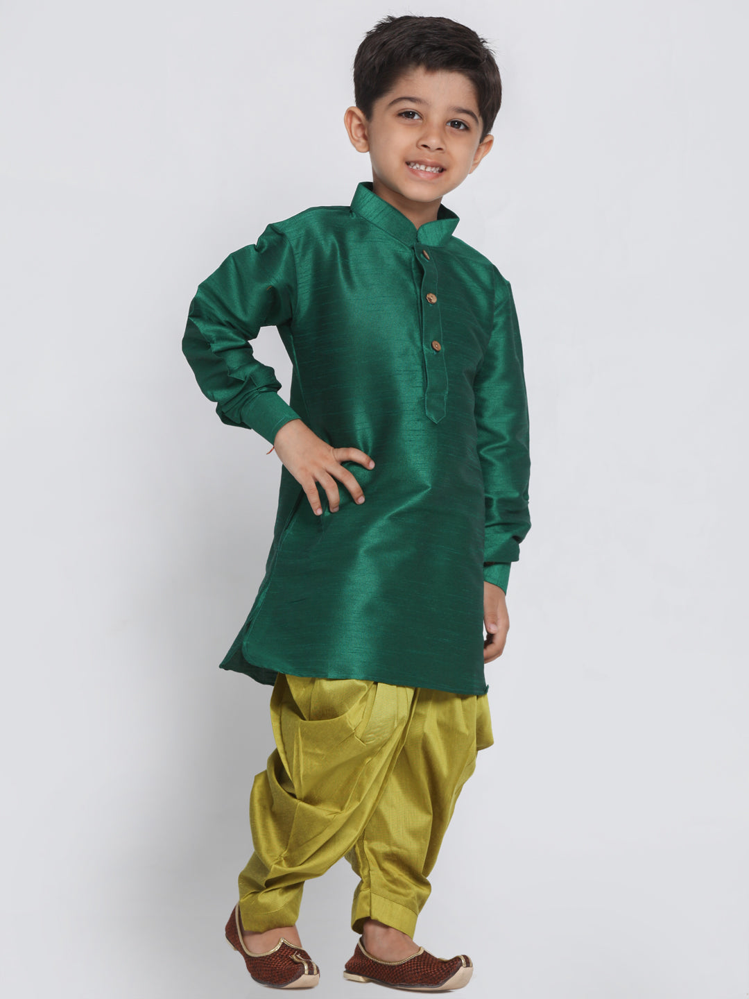 VASTRAMAY Boys' Green Silk Blend Kurta and Patiala Pant Set