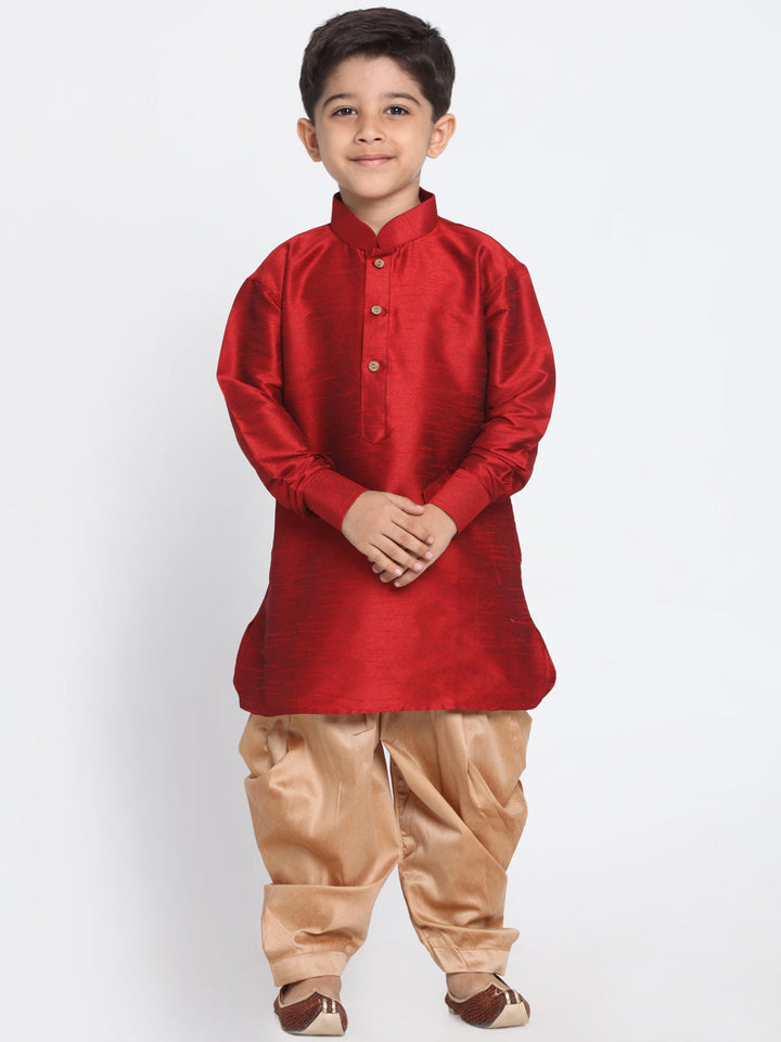 VASTRAMAY Boys' Maroon and Rose Gold Silk Blend Kurta and Patiala Pant Set