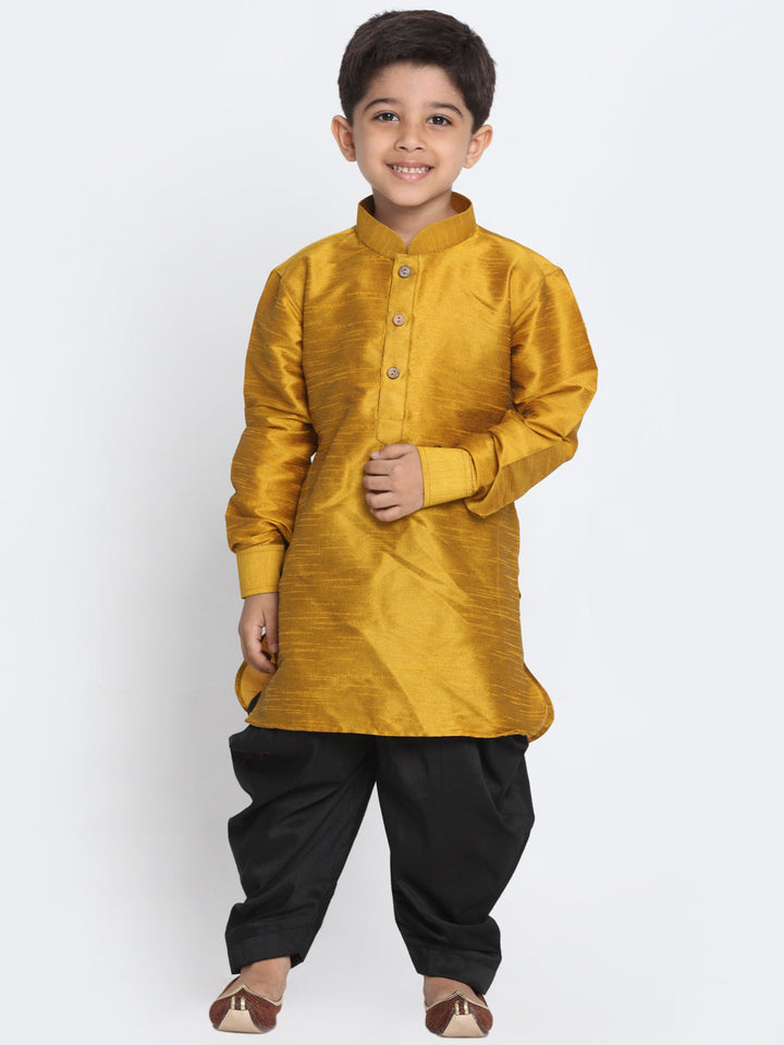 VASTRAMAY Boys' Mustard and Black Silk Blend Kurta and Patiala Pant Set