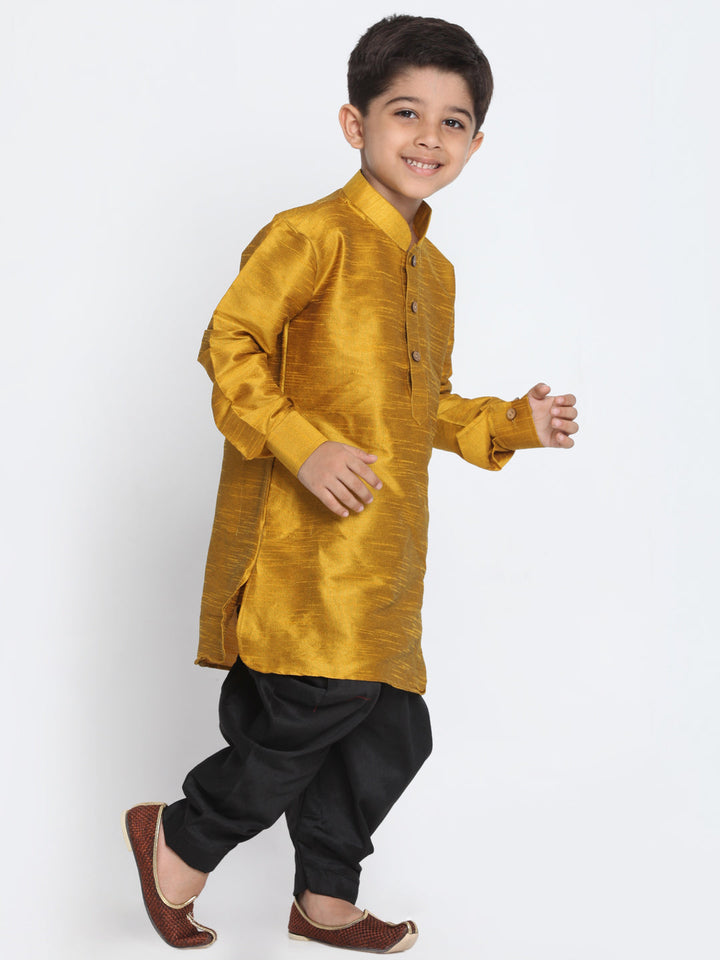 VASTRAMAY Boys' Mustard and Black Silk Blend Kurta and Patiala Pant Set