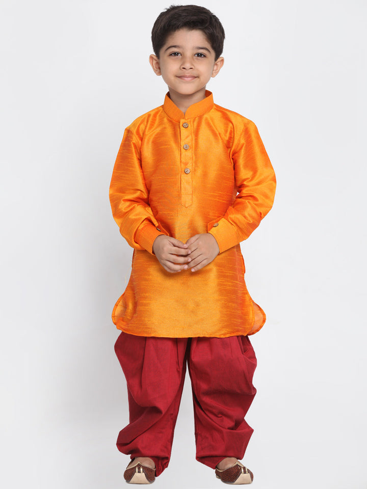 Vastramay Boys' Orange and Maroon Silk Blend Kurta and Patiala Pant Set