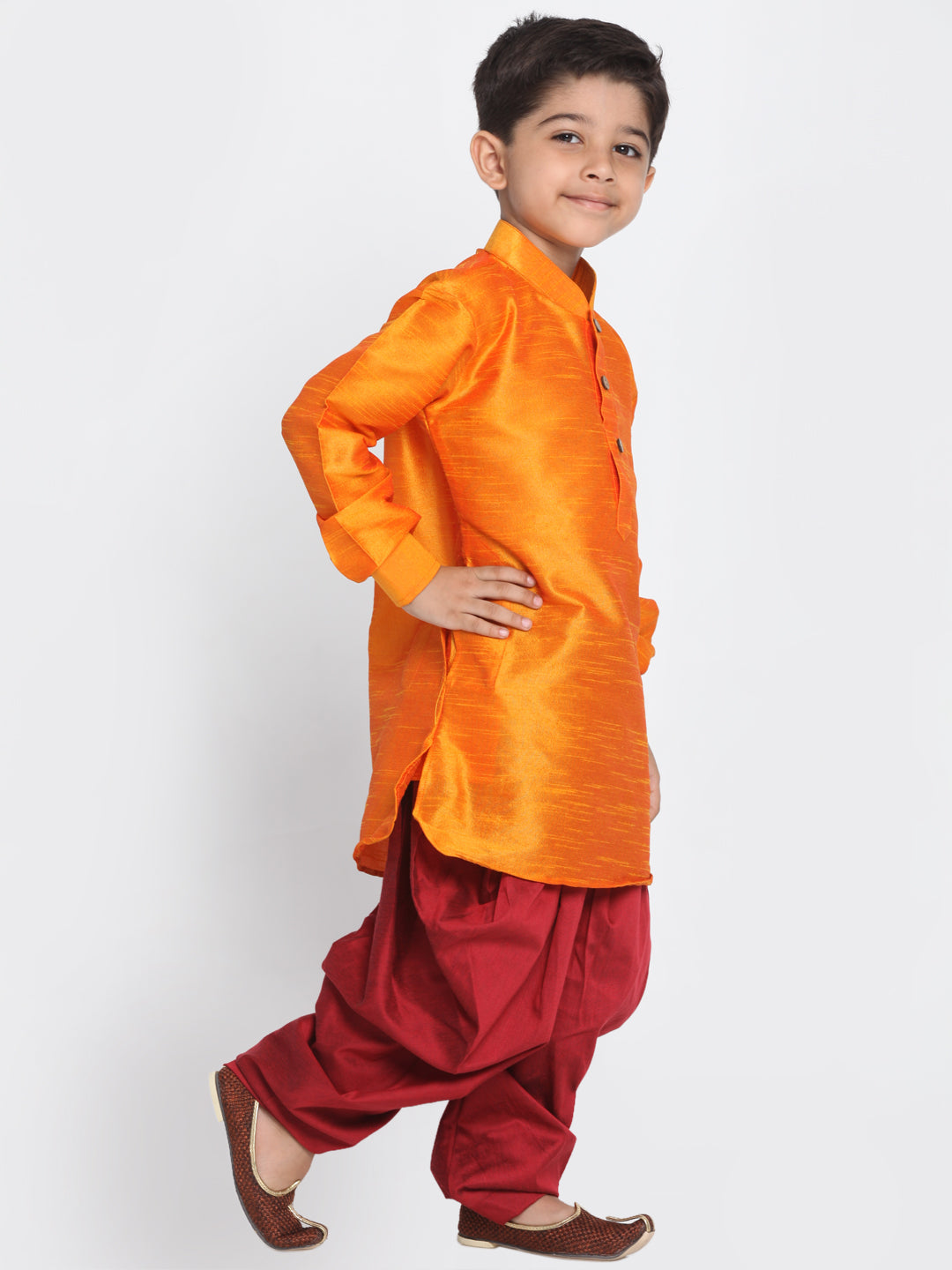 Vastramay Boys' Orange and Maroon Silk Blend Kurta and Patiala Pant Set