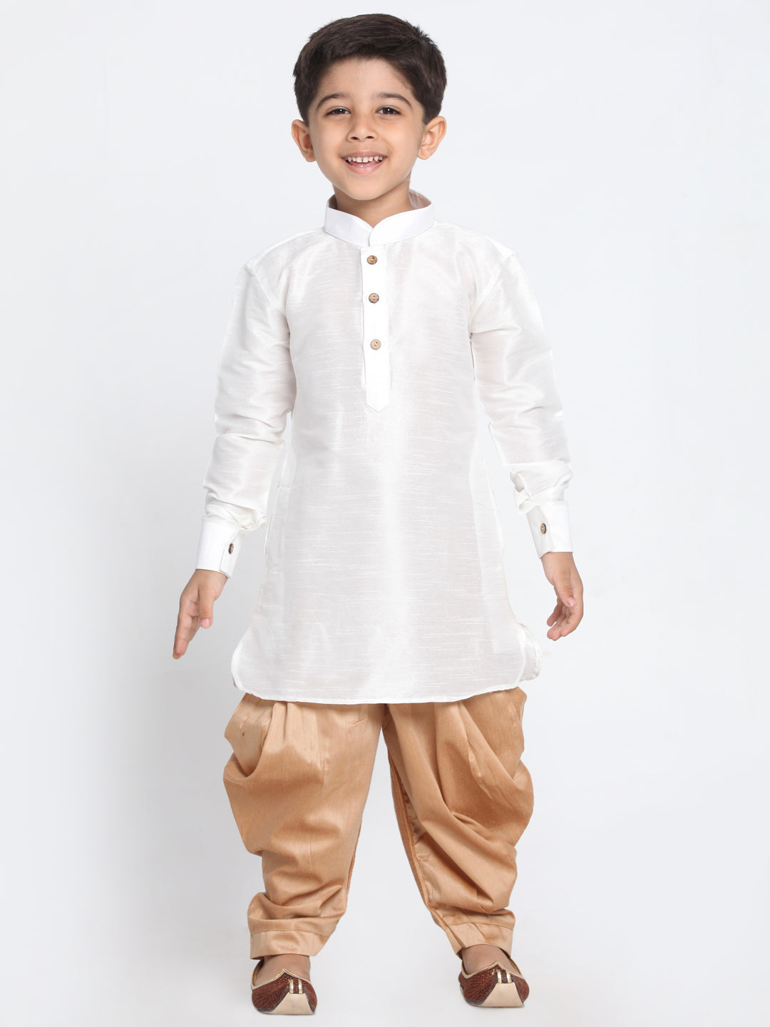 Vastramay Silk Blend White And Rose Gold Baap Beta Dhoti Kurta Set