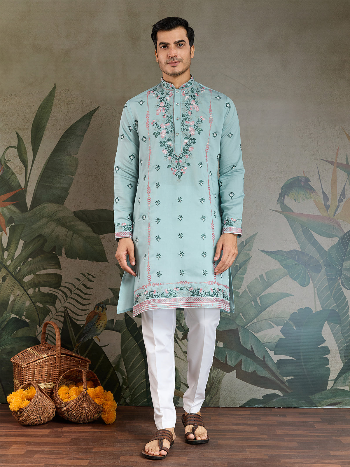 Men's Sky Blue Viscose Silk Kurta with Thread & Sequin Embroidery - qivii