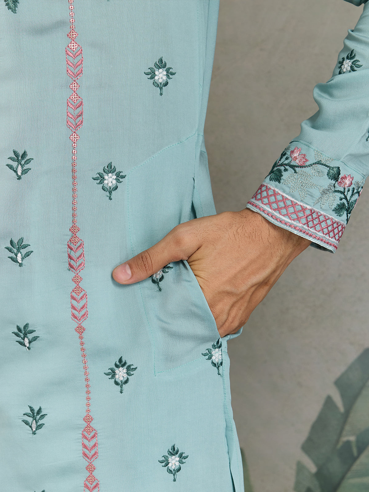 Men's Sky Blue Viscose Silk Kurta with Thread & Sequin Embroidery - qivii