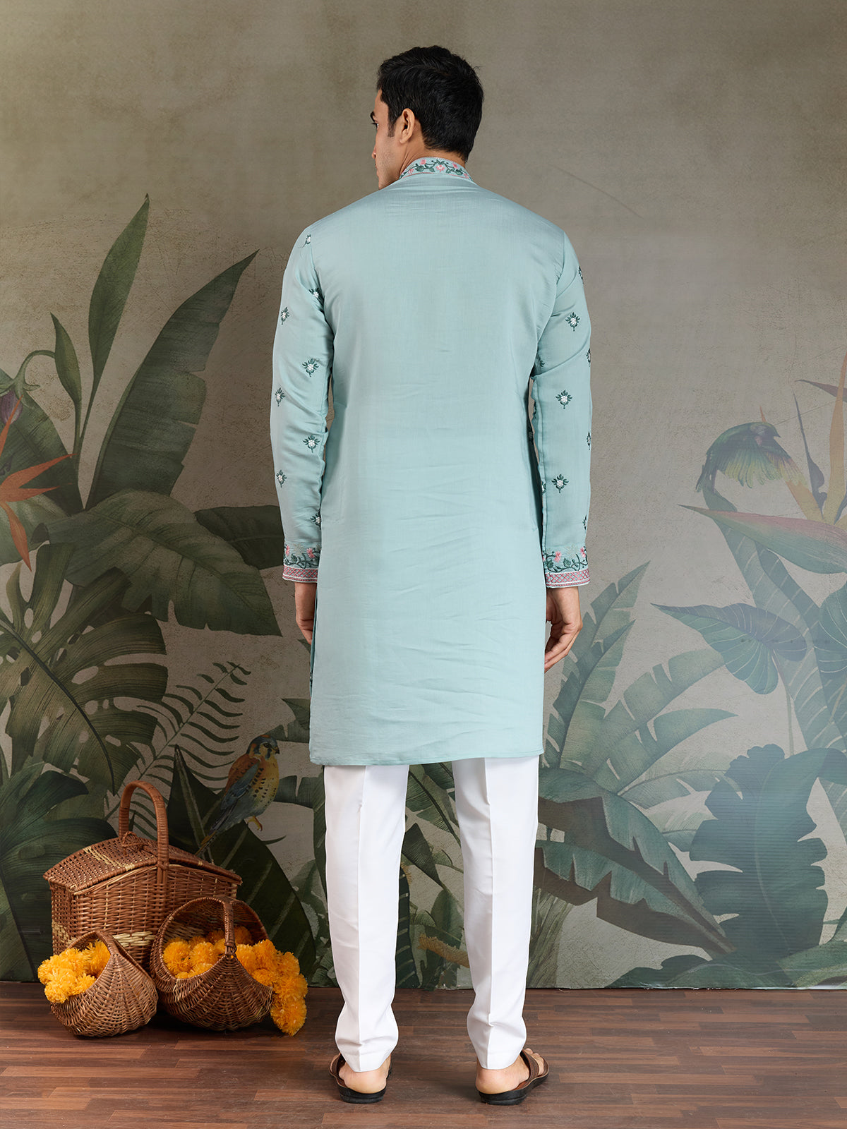 Men's Sky Blue Viscose Silk Kurta with Thread & Sequin Embroidery - qivii