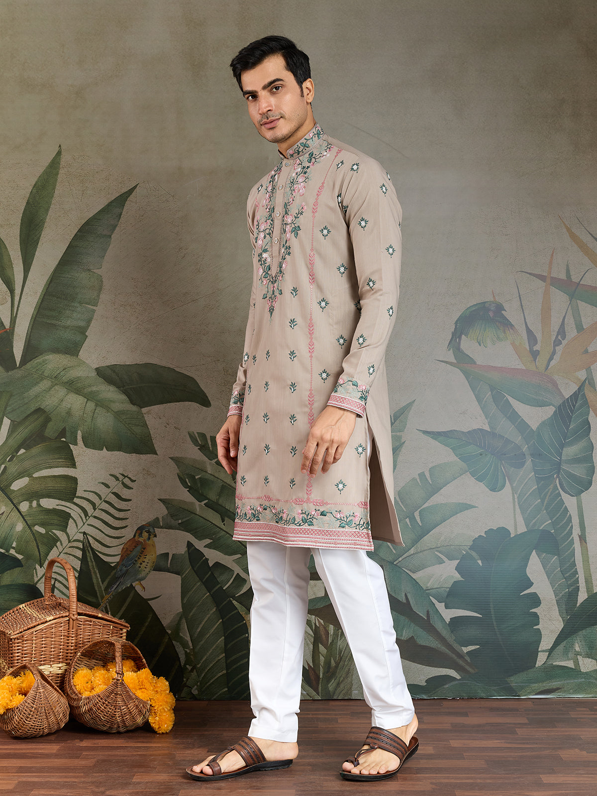 Embroidered Ivory Occasion Style Viscose Silk Men's Kurta - qivii