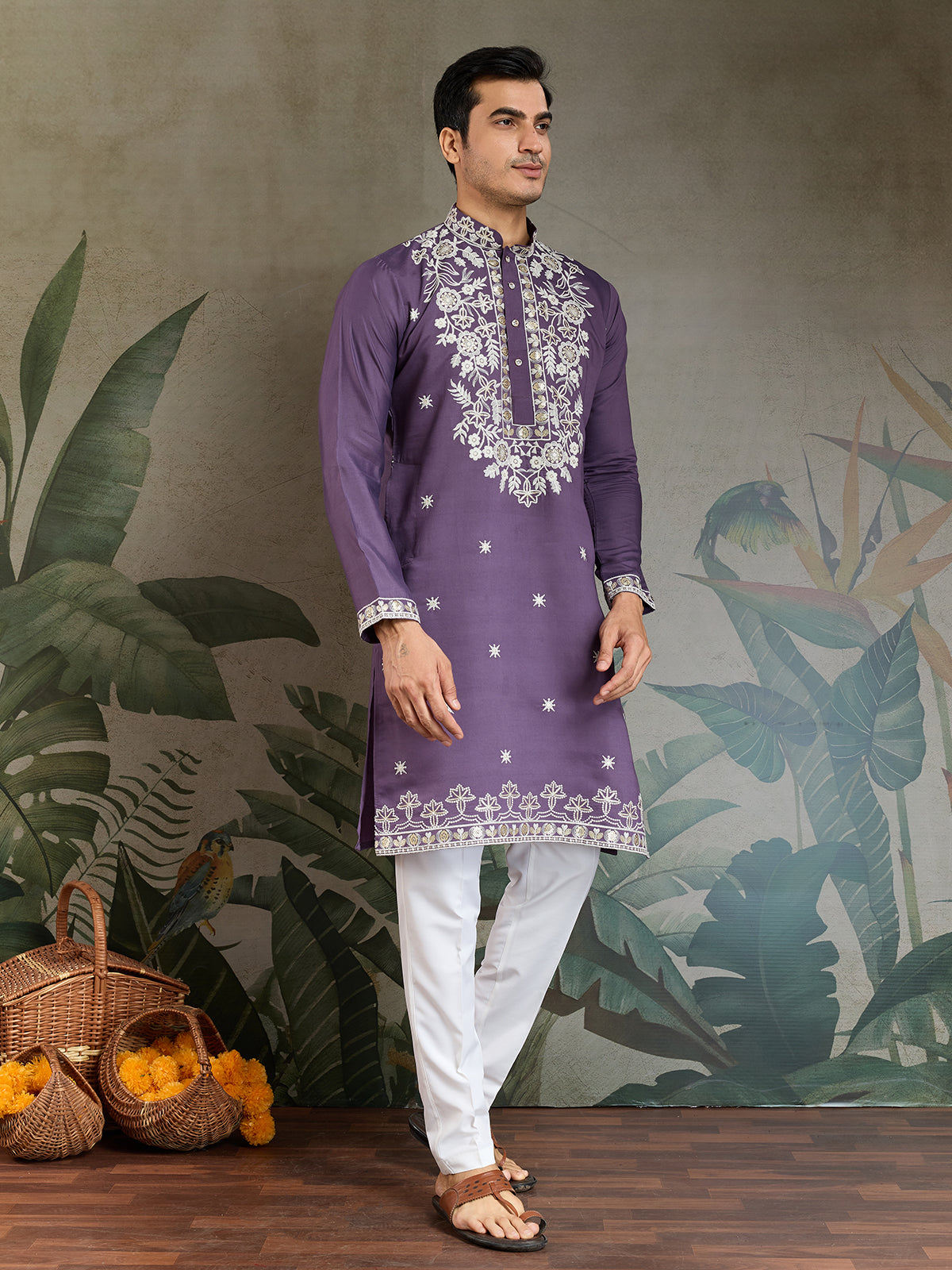 Men's Pastel Purple Embroidered Wedding Kurta In Rayon - qivii