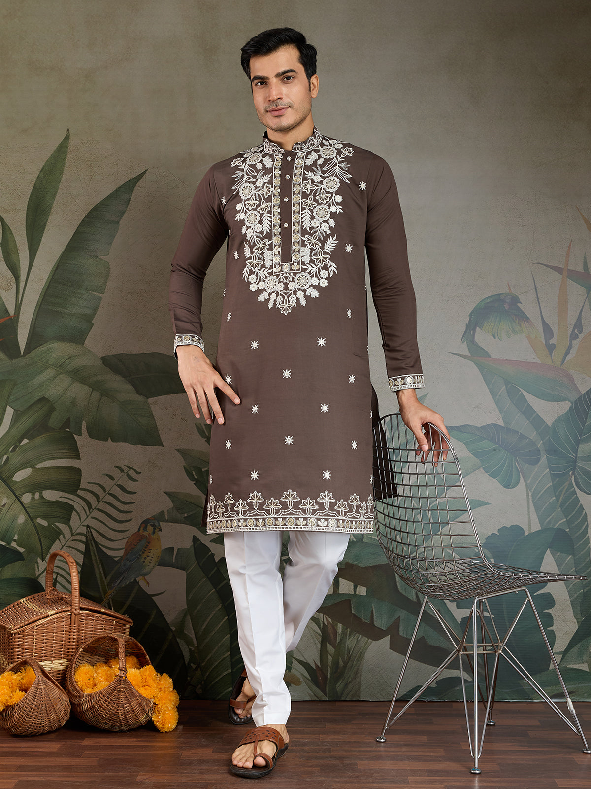 Chocolate Grey Rayon Embroidered Men's Kurta - qivii