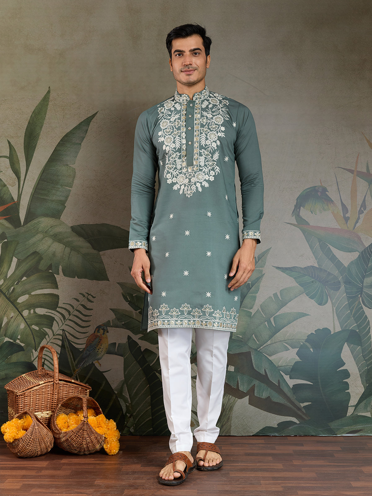 Embroidered Ethnic Pistachio Green Rayon Men's Kurta - qivii