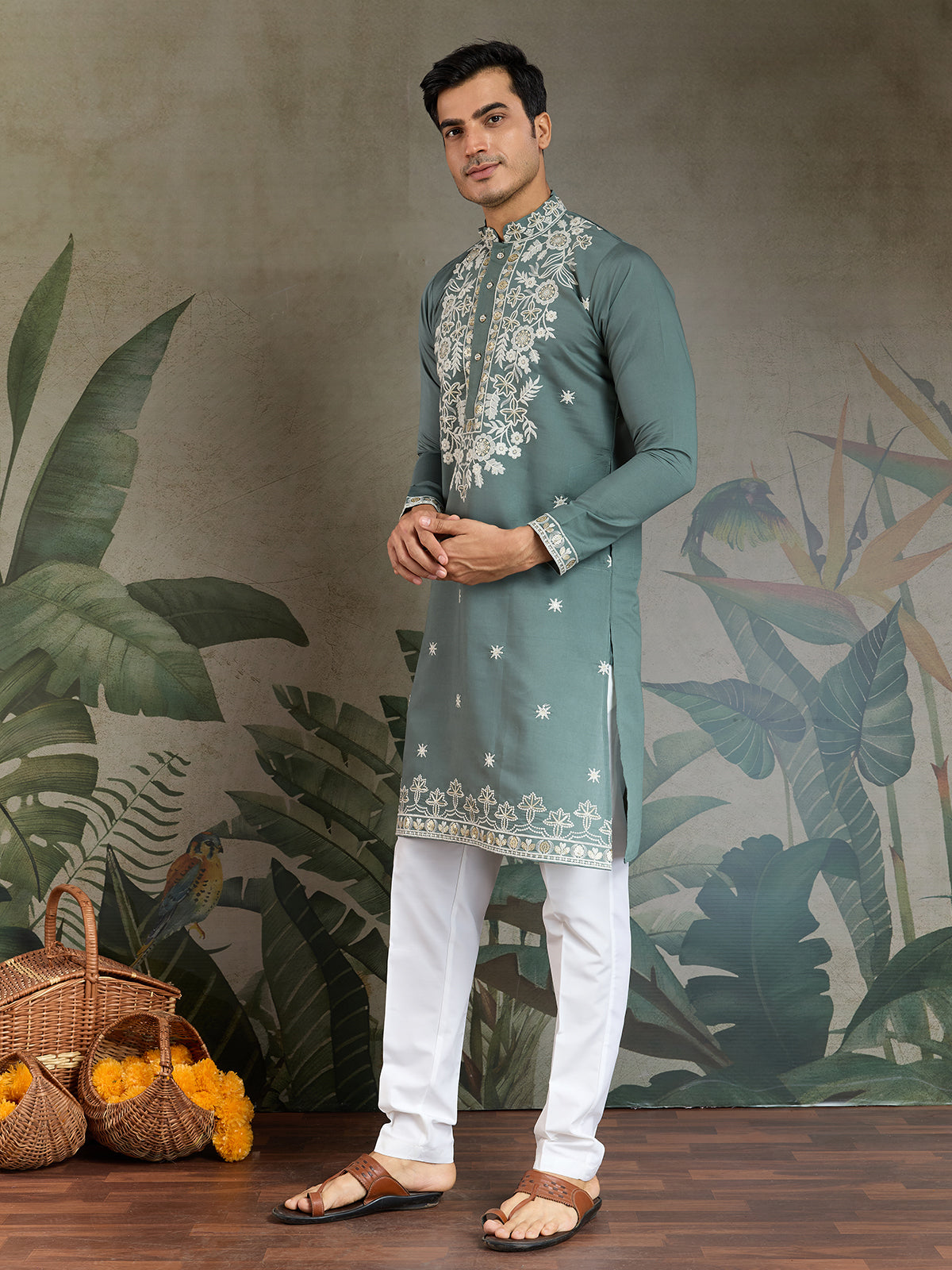 Embroidered Ethnic Pistachio Green Rayon Men's Kurta - qivii