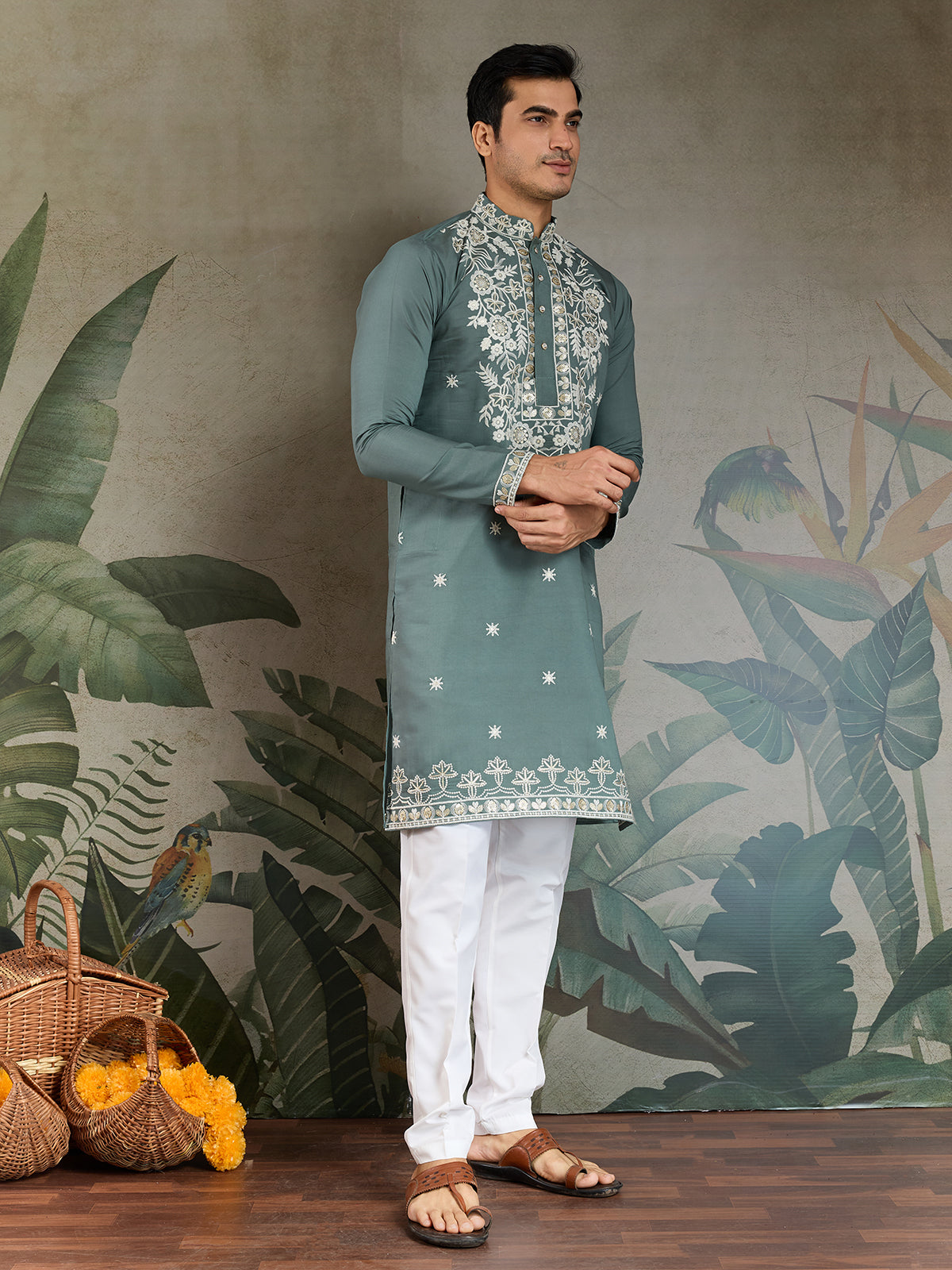 Embroidered Ethnic Pistachio Green Rayon Men's Kurta - qivii